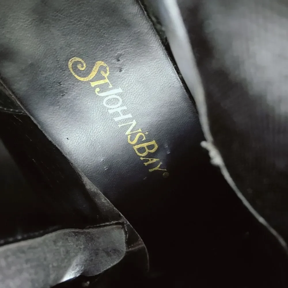 St. John's Bay Bailey Black Leather Fabric Chunky Heel Ankle Boots, Sz 11